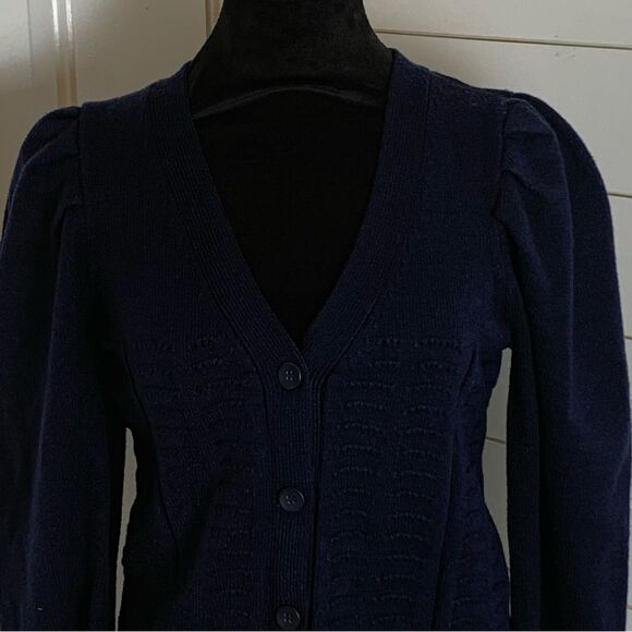 Truth Republic Pleated Puff Sleeve Cardigan Navy Blue woman’s size large preppy - Picture 2 of 13